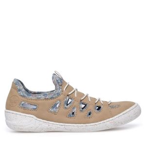 Półbuty Rieker. Brązowe półbuty Rieker, bez wzorów, bez obcasa, na płaskiej podeszwie, bez zapięcia. Za 299,99 zł.