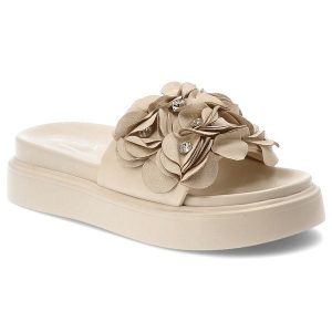 Klapki damskie S.Barski, cholewka ze skóry ekologicznej wsuwane z przodu ozdobne kwiaty, beżowe, MR61-9015. Brązowe klapki S.BARSKI, bez wzorów, ze skóry ekologicznej, bez obcasa. Za 169,00 zł.