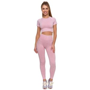 Różowy Damski Komplet Top+Legginsy Moraj. Czerwone legginsy Moraj, bez wzorów, z materiału, z podwyższonym stanem, krótkie. Za 119,00 zł.
