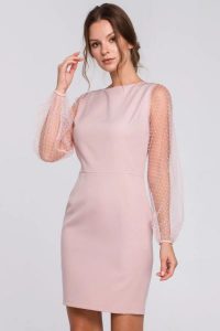 Sukienka na wesele wieczorowa z bufiastymi rękawami z siateczki różowa. Czerwone sukienki Sukienki.shop, na wesele, xl, bez wzorów, eleganckie, bez kołnierzyka, bez ramiączek, mini, dopasowane. Za 229,00 zł.