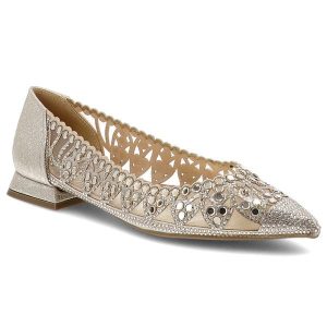 Baleriny damskie S.Barski, cholewka ze skóry ekologicznej z eleganckimi dodatkami na płaskim obcasie, złote, SR61-0104. Żółte sukienki S.BARSKI, s, bez wzorów, ze skóry ekologicznej, eleganckie, bez kołnierzyka, bez ramiączek. Za 199,00 zł.