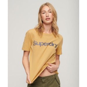 Koszulka z metalicznym logo. Żółte koszulki sportowe Superdry, bez wzorów, z bawełny, bez ramiączek. W wyprzedaży za 140,25 zł.