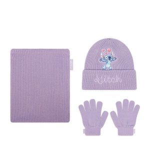 Komplet czapka, komin i rękawiczki Disney Classics. Fioletowe czapki Disney Classics, bez wzorów. Za 69,99 zł.