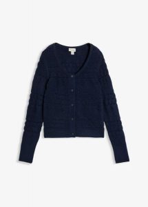 Sweter rozpinany ażurowy. Niebieskie kardigany bonprix, bez kołnierzyka. Za 109,99 zł.