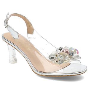 Srebrne Sandały S.Barski Eleganckie Obuwie Damskie. Szare sandały S.BARSKI, z aplikacjami, z materiału, bez obcasa, na obcasie, bez zapięcia. Za 189,00 zł.