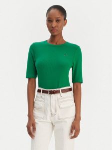 Tommy Hilfiger T-Shirt WW0WW47308 Zielony Slim Fit. Zielone t-shirty TOMMY HILFIGER, s, bez wzorów, z wiskozy, bez kołnierzyka, bez ramiączek. Za 249,99 zł.