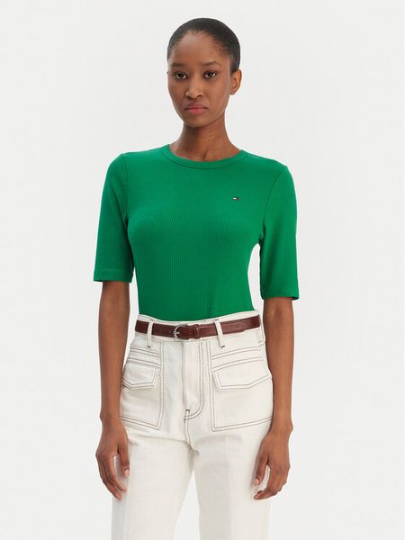 Tommy Hilfiger T-Shirt WW0WW47308 Zielony Slim Fit. Zielone t-shirty TOMMY HILFIGER, s, bez wzorów, z wiskozy, bez kołnierzyka, bez ramiączek. Za 249,99 zł.