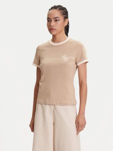 Guess T-Shirt V5YI01 J1314 Beżowy Regular Fit. Brązowe t-shirty Guess, l, z aplikacjami, z bawełny, bez kołnierzyka, bez ramiączek. Za 109,99 zł.