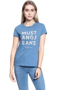 DAMSKI T-SHIRT MUSTANG ALINA C PRINT COPEN BLUE 1010750 5168. Niebieskie t-shirty Mustang, xs, bez wzorów, bez kołnierzyka, bez ramiączek. Za 69,99 zł.