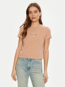 Calvin Klein Jeans T-Shirt Monologo J20J223563 Różowy Slim Fit. Czerwone t-shirty Calvin Klein Jeans, s, bez wzorów, z bawełny, bez kołnierzyka, bez ramiączek. Za 99,99 zł.