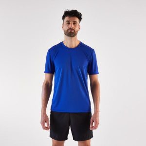 Koszulka do biegania męska Kiprun Run 100. Niebieskie t-shirty KIPRUN, m, bez wzorów, z materiału, bez kołnierzyka, bez ramiączek. Za 24,99 zł.