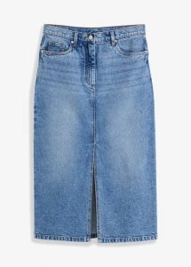 Spódnica dżinsowa z rozcięciem. Niebieskie spódnice bonprix, bez wzorów, eleganckie, midi. Za 139,99 zł.