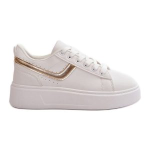 Trampki Sneakersy Damskie Na Platformie Z Eko Skóry Biało-Złote Brennessa białe. Białe trampki bez wzorów, ze skóry, bez zapięcia. Za 115,92 zł.