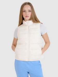 4F Bezrękawnik puchowy z wypełnieniem naturalnym damski - biały XXL. Białe kamizelki 4f, xs, bez wzorów, z dzianiny, bez kołnierzyka, bez ramiączek, bez kaptura. Za 349,99 zł.