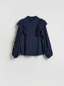 Koszula z falbanami - granatowy. Niebieskie koszule Reserved, l, bez wzorów, z tkaniny, bez kołnierzyka, bez ramiączek. Za 139,99 zł.