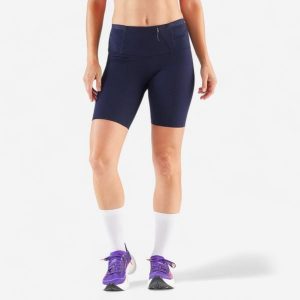 Legginsy do biegania krótkie damskie Kiprun Run 900 Light. Niebieskie legginsy KIPRUN, bez wzorów, z materiału, z podwyższonym stanem, długie. Za 99,99 zł.