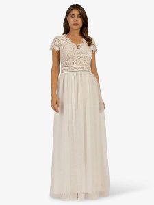 APART Sukienka w kolorze kremowym rozmiar: 40. Brązowe sukienki Apart, bez wzorów, z koronki, bez kołnierzyka, bez ramiączek, maxi. Za 260,99 zł.