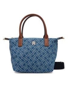 Tommy Hilfiger Torebka Popette Mini Tote Denim Flag AW0AW18612 Niebieski. Niebieskie torebki klasyczne TOMMY HILFIGER, bez wzorów, z denimu, bez dodatków. Za 449,99 zł.