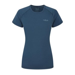 Koszulka sportowa damska Rab Women's Sonic Tee z krótkim rękawem. Niebieskie koszulki sportowe RAB, bez wzorów, bez ramiączek. Za 159,99 zł.