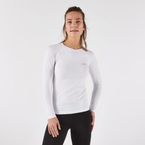 Koszulka do biegania z długim rękawem damska Kiprun Run 500. Białe koszule nocne KIPRUN, bez wzorów, z elastanu, bez ramiączek. Za 119,99 zł.