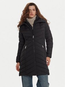 DKNY Płaszcz zimowy DLEMPN46 Czarny Slim Fit. Czarne kurtki DKNY, na zimę, xs, bez wzorów, z syntetyku, bez kaptura. Za 839,99 zł.