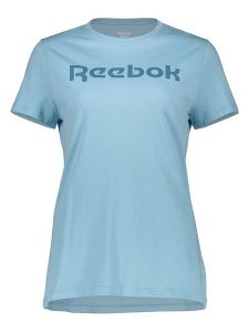 Reebok Koszulka w kolorze błękitnym rozmiar: L. Niebieskie bluzki Reebok, l, bez wzorów, z bawełny, bez kołnierzyka, bez ramiączek. Za 61,46 zł.