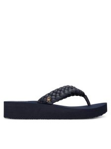 Tommy Hilfiger Japonki Th Wedge Cornrow Beach Sandal FW0FW09037 Granatowy. Niebieskie klapki TOMMY HILFIGER, bez wzorów, ze skóry, bez obcasa. Za 209,99 zł.
