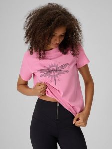 4F T-shirt regular z nadrukiem damski - różowy M. Czerwone t-shirty 4f, m, bez wzorów, z bawełny, bez kołnierzyka, bez ramiączek. Za 59,99 zł.