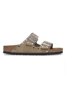 Birkenstock Skórzane klapki "Arizona Rivet" w kolorze szarobrązowym rozmiar: 36. Brązowe klapki Birkenstock, bez wzorów, ze skóry, z otwartym noskiem, bez obcasa. Za 480,90 zł.