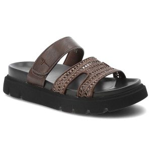 Klapki damskie Tamaris, cholewka ze skóry ekologicznej i materiału tekstylnego plecionego z szerokimi paskami zapinane na rzep, brązowe, 1-27422-46 3. Brązowe klapki Tamaris, bez wzorów, ze skóry ekologicznej, bez obcasa. Za 249,00 zł.