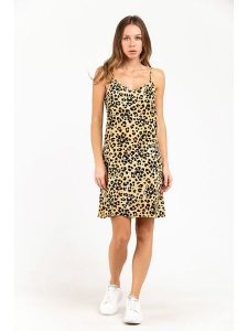 Moschino Sukienka w kolorze żółto-czarnym rozmiar: M. Czarne sukienki MOSCHINO, m, bez wzorów, z wiskozy, bez kołnierzyka, bez ramiączek, mini. Za 206,42 zł.