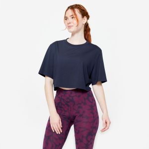 Koszulka damska Domyos Gym & Pilates crop top. Niebieskie bluzki DOMYOS, xl, bez wzorów, z bawełny, sportowe, bez kołnierzyka, bez ramiączek. Za 49,99 zł.