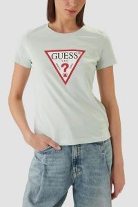 GUESS Miętowy bawełniany t-shirt damski na krótki rękaw Original, Rozmiar XS. Zielone t-shirty Guess, uniwersalny, z aplikacjami, z bawełny, bez kołnierzyka, bez ramiączek. W wyprzedaży za 89,99 zł.