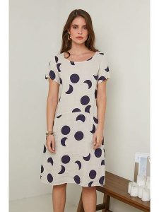 Rodier Lin Lniana sukienka w kolorze beżowo-granatowym rozmiar: XL/XXL. Niebieskie sukienki Rodier Lin, na co dzień, xl, bez wzorów, ze lnu, bez kołnierzyka, bez ramiączek, midi, proste. Za 131,74 zł.