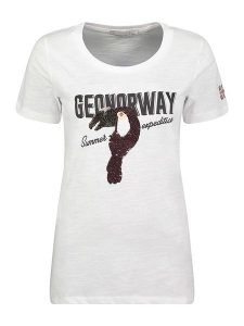 Geographical Norway Koszulka "Jeverything" w kolorze białym rozmiar: M. Białe bluzki Geographical Norway, m, bez wzorów, z bawełny, bez kołnierzyka, bez ramiączek. Za 61,46 zł.