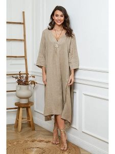 Joséfine Lniana sukienka w kolorze beżowym rozmiar: L. Brązowe sukienki Joséfine, na co dzień, l, bez wzorów, ze lnu, z asymetrycznym kołnierzem, bez ramiączek, maxi, asymetryczne. Za 217,99 zł.