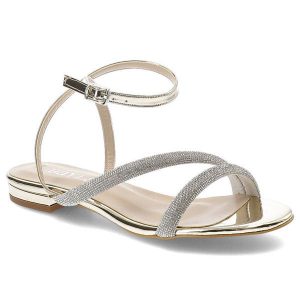 Złote Sandały Bayla Eleganckie Płaskie Buty. Żółte sandały Bayla, bez wzorów, bez obcasa, na obcasie, bez zapięcia. Za 239,00 zł.