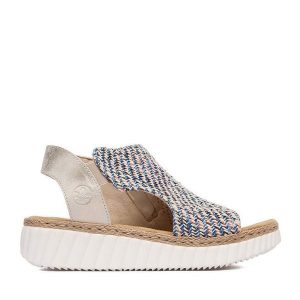 Sandały Rieker. Niebieskie sandały Rieker, bez wzorów, bez obcasa, na koturnie, bez zapięcia. Za 329,99 zł.