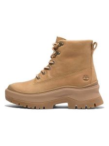 Timberland Skórzane kozaki zimowe "Roxie Lane" w kolorze jasnobrązowym rozmiar: 38,5. Brązowe kozaki Timberland, na zimę, bez wzorów, bez obcasa, bez zapięcia. Za 377,62 zł.