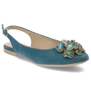 Turkusowe Sandały Armodo Eleganckie Obuwie Damskie. Niebieskie sandały Armodo, z aplikacjami, z weluru, bez obcasa, na płaskiej podeszwie, bez zapięcia. Za 389,00 zł.