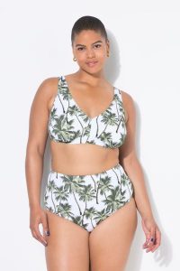 Damskie Figi od bikini wysoki stan nadruk z palmami. Białe figi Ulla Popken, bez wzorów, z elastanu. Za 91,99 zł.