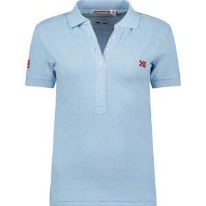 Geographical Norway Koszulka polo "Kely" w kolorze błękitnym rozmiar: L. Niebieskie bluzki Geographical Norway, l, bez wzorów, z bawełny, bez kołnierzyka, bez ramiączek. Za 83,42 zł.