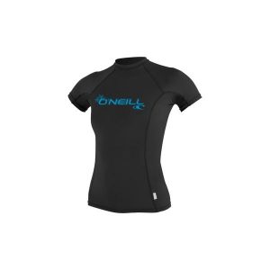 Koszulka do pływania damska O'Neill Basic Skins Rash Guard. Czarne bluzki O'Neill, bez wzorów, sportowe, bez kołnierzyka, bez ramiączek. Za 177,00 zł.