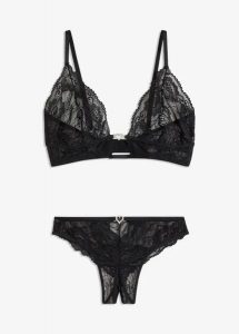 "Biustonosz bralette + stringi ""ouvert"" (2 części)". Czarne komplety bielizny bonprix, bez wzorów. Za 124,99 zł.