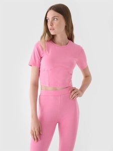 4F Crop top slim gładki damski - różowy S. Czerwone topy 4f, s, bez wzorów, z bawełny, sportowe, bez kołnierzyka, bez ramiączek. Za 69,99 zł.
