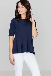 Elegancka Granatowa Bluzka z Kontrafałdami z Przodu. Czerwone bluzki Katrus, m, bez wzorów, z materiału, eleganckie, bez kołnierzyka, bez ramiączek. Za 199,00 zł.