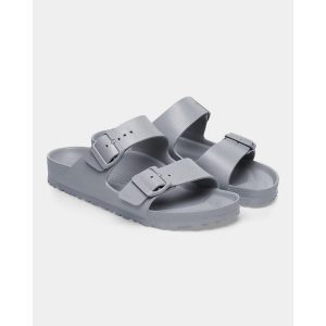 Klapki damskie Birkenstock Arizona Eva Stone Concalz S. Szare klapki Birkenstock, bez wzorów, z materiału, bez obcasa. Za 329,99 zł.