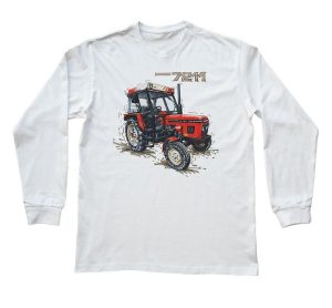 Zetor 7211 — bluzka z długim rękawem (Rozmiar: 7 - 8 lat; Kolor koszulki: biały; Rodzaj nadruku: Zetor 7211). Białe bluzki nikiniki, l, bez wzorów, z bawełny, biznesowe, bez kołnierzyka, bez ramiączek. Za 69,00 zł.