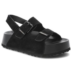 Sandały damskie Big Star, cholewka ze skóry naturalnej zamszowej z regulowanymi paskami i sprzączkami na grubej podeszwie, czarne, TT274237. Czarne sandały Big Star, bez wzorów, ze skóry, bez obcasa, na platformie, bez zapięcia. Za 215,90 zł.