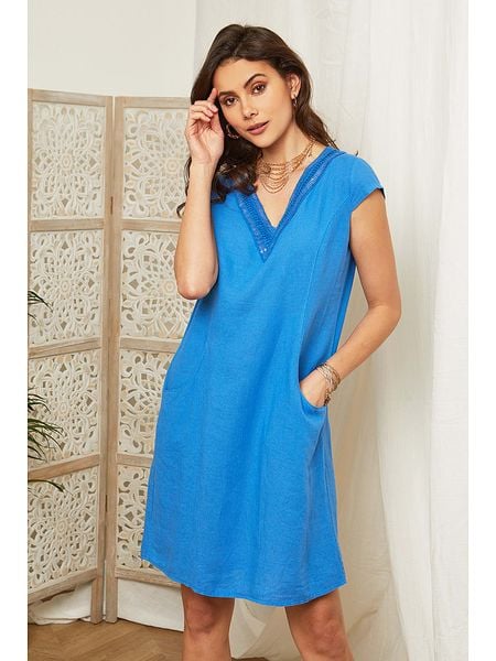 Lin Passion Lniana sukienka w kolorze niebieskim rozmiar: 36/38. Niebieskie sukienki Lin Passion, na co dzień, bez wzorów, ze lnu, klasyczne, bez kołnierzyka, bez ramiączek, mini, proste. Za 118,01 zł.